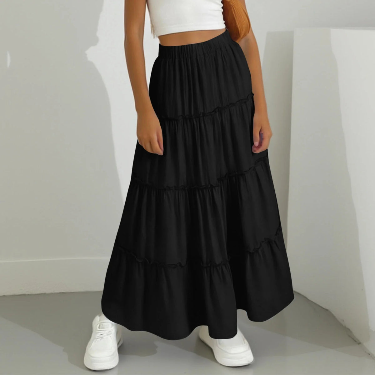 Women's Pleated Long A- Line Double Rounds Lined Skirt