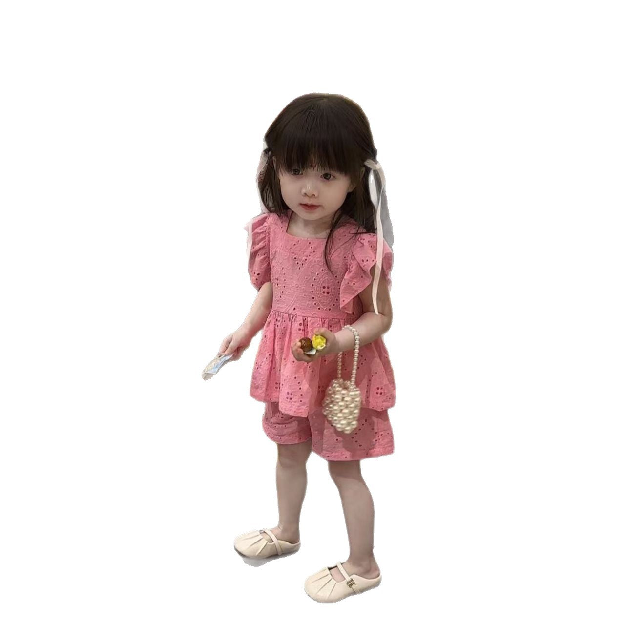 Sleeveless Pink Cotton Flying Sleeve Jacket Shorts Two-piece Children's Suit