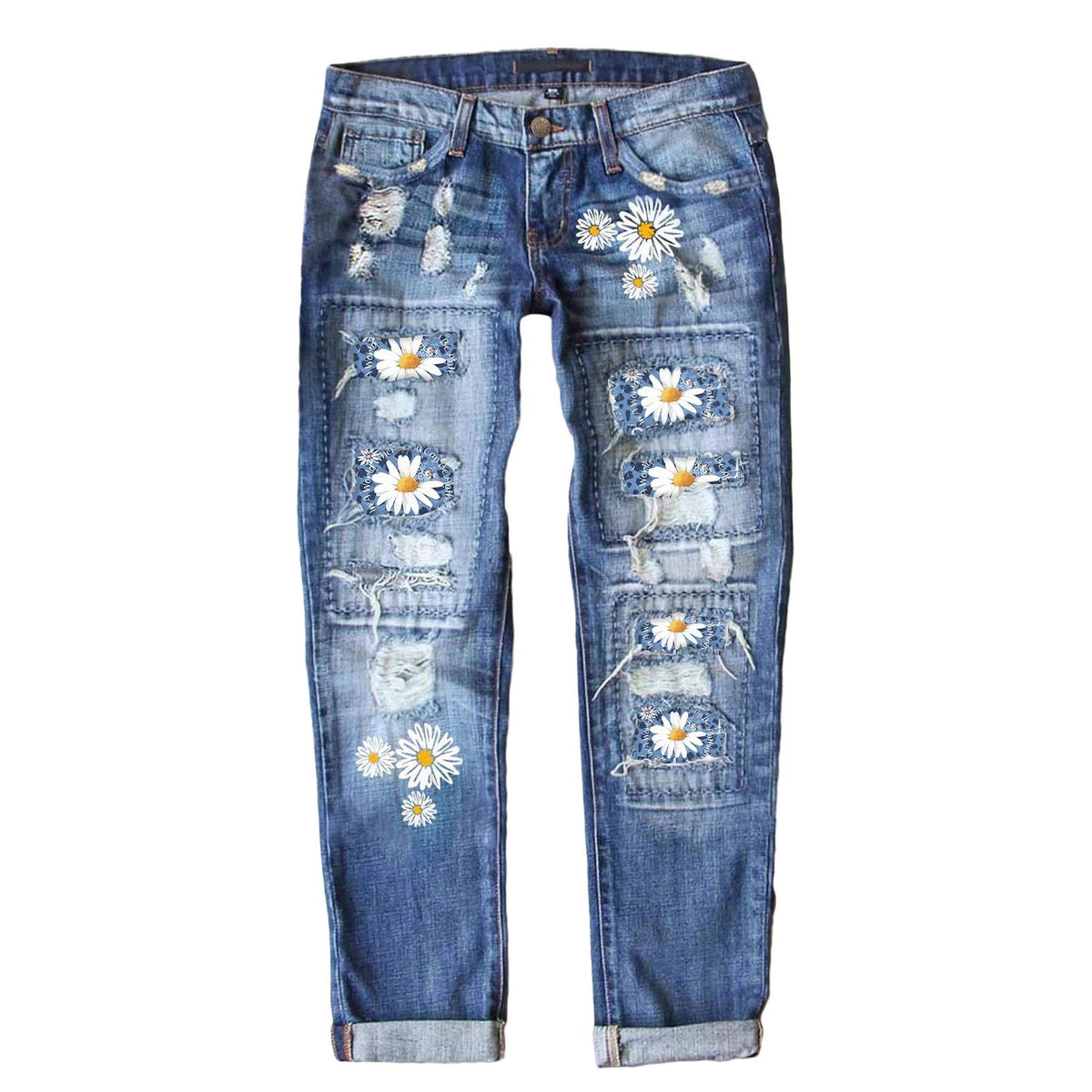 Women's Fashion Holes Printed Patch Straight Jeans