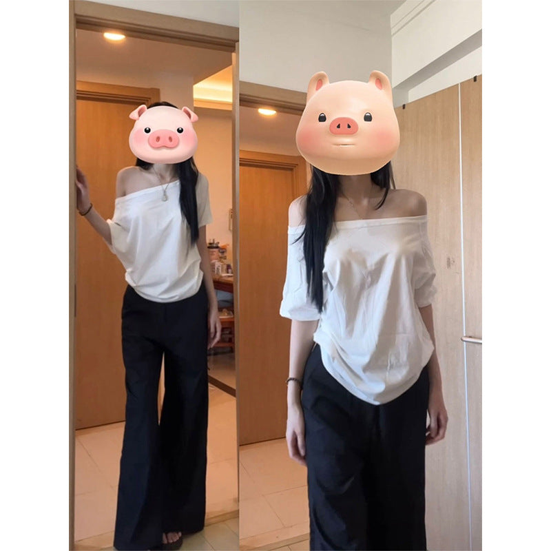 Women's Cotton Off Short-sleeved Summer Solid Color Loose Slimming Slim Fit Women's T-shirt
