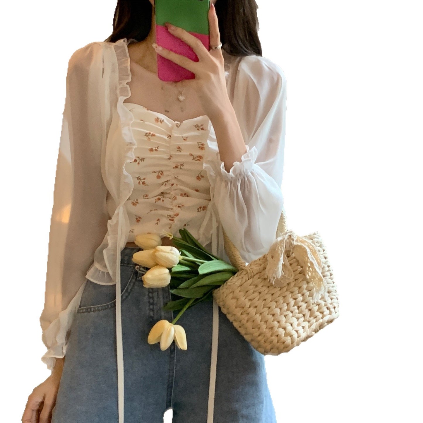 Women's Sun Protection Outer Wear Shawl Summer Thin Bow Lace Shirt, Chiffon Shirt