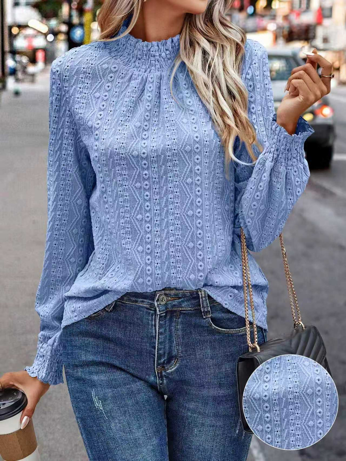 Women's Autumn Solid Color Fashion Hollow Stand Collar Puff Women's T-shirt