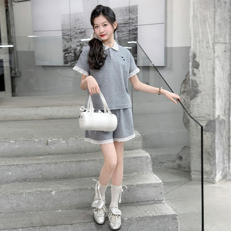 Children's Sports Suit Summer Korean Lace Edge Parent-child Outfit