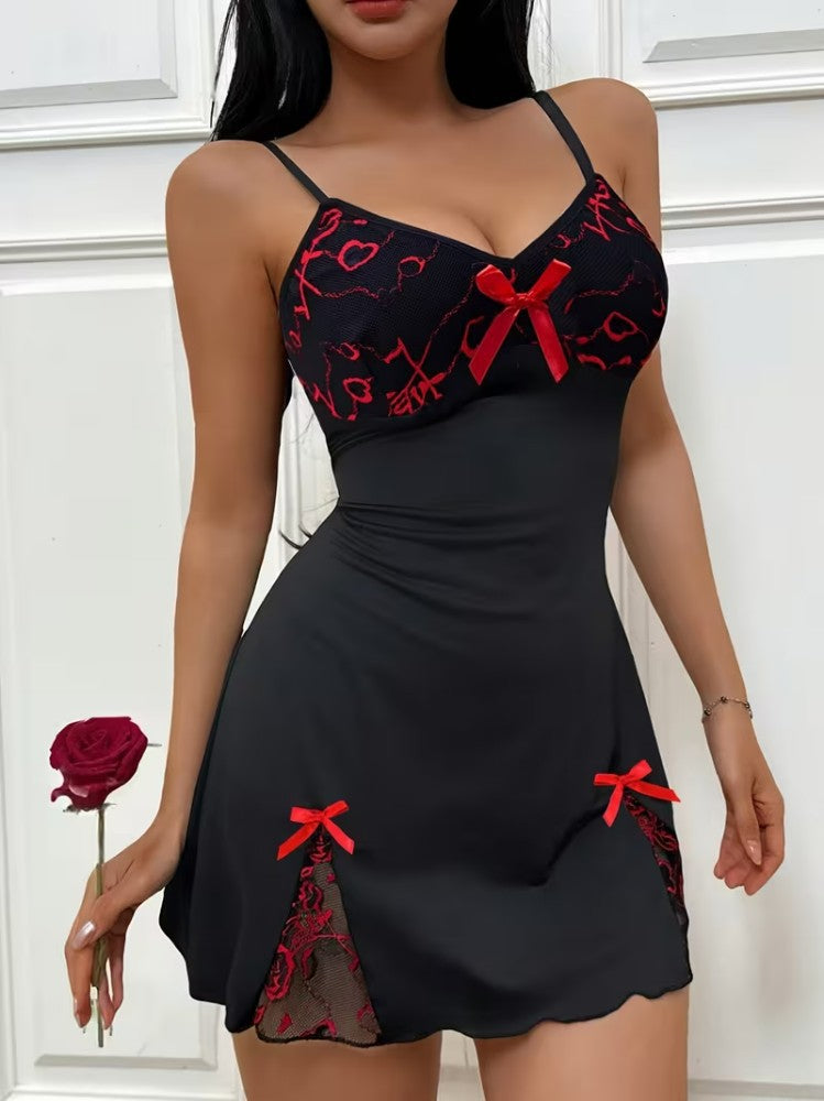 Of Black Red Lace Slip Nightdress Sexy Patchwork Side Slit Small Vest/suspenders/tube Top