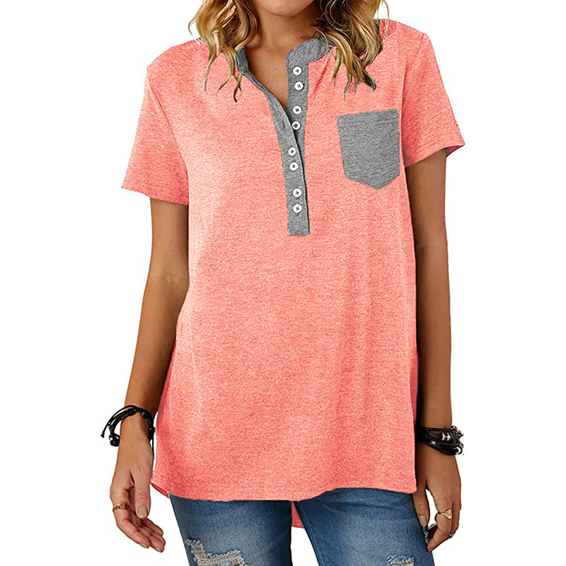 Women's Casual Pocket Stitching Loose Short-sleeved Women's T-shirt