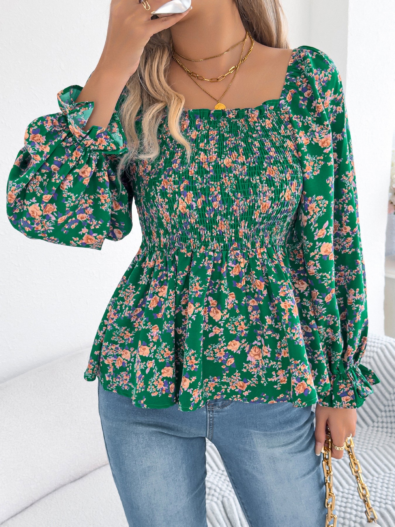 Women's Casual Square Collar Bell Sleeve Floral Blouses
