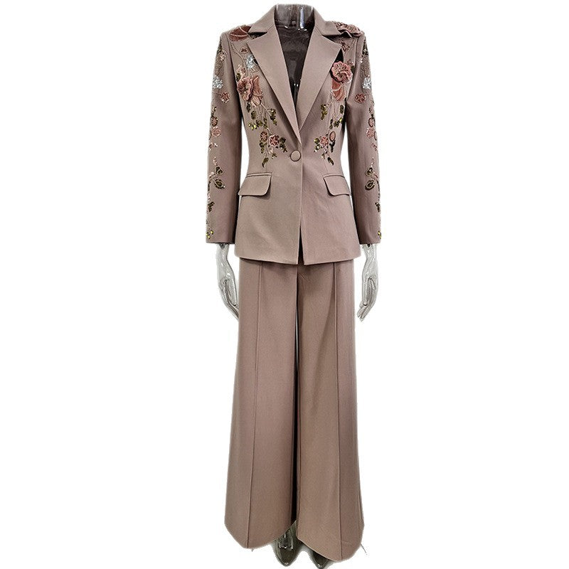 Versatile Bead Three-dimensional Flower Two-piece Set Fashion Casual Suit