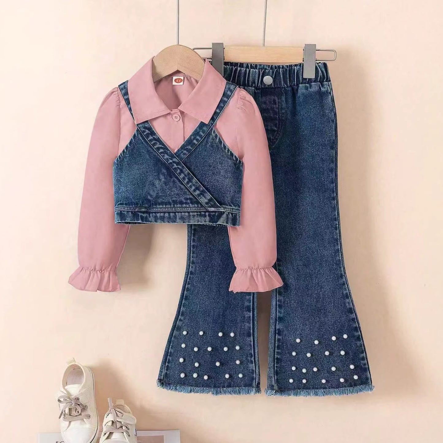 Autumn Lapel Shirt Denim Vest Bead Bell-bottom Pants Children's Suit