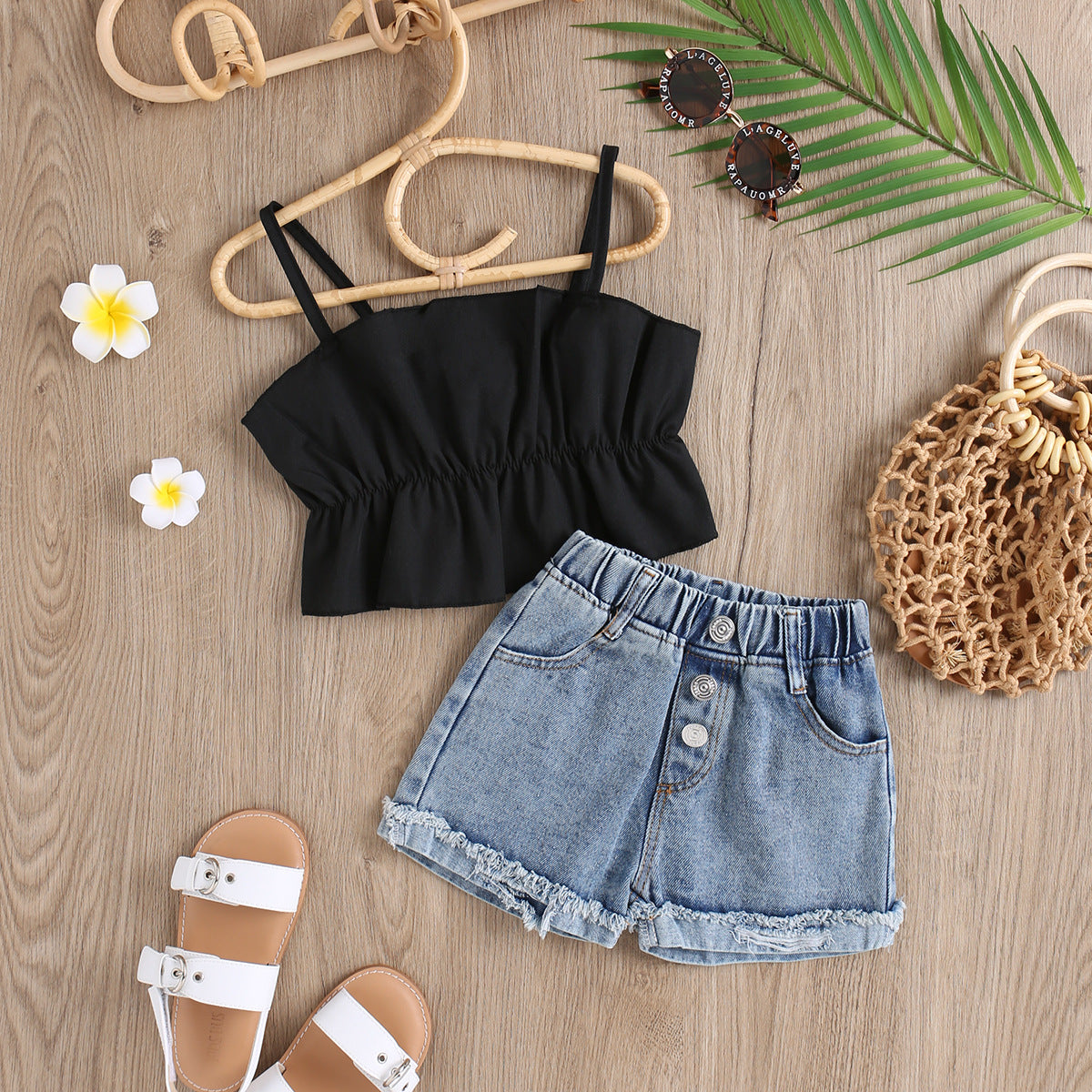 Children's Clothing Strap Pleated Three-dimensional Vest Top Washed Brushed Denim Shorts Children's Suit