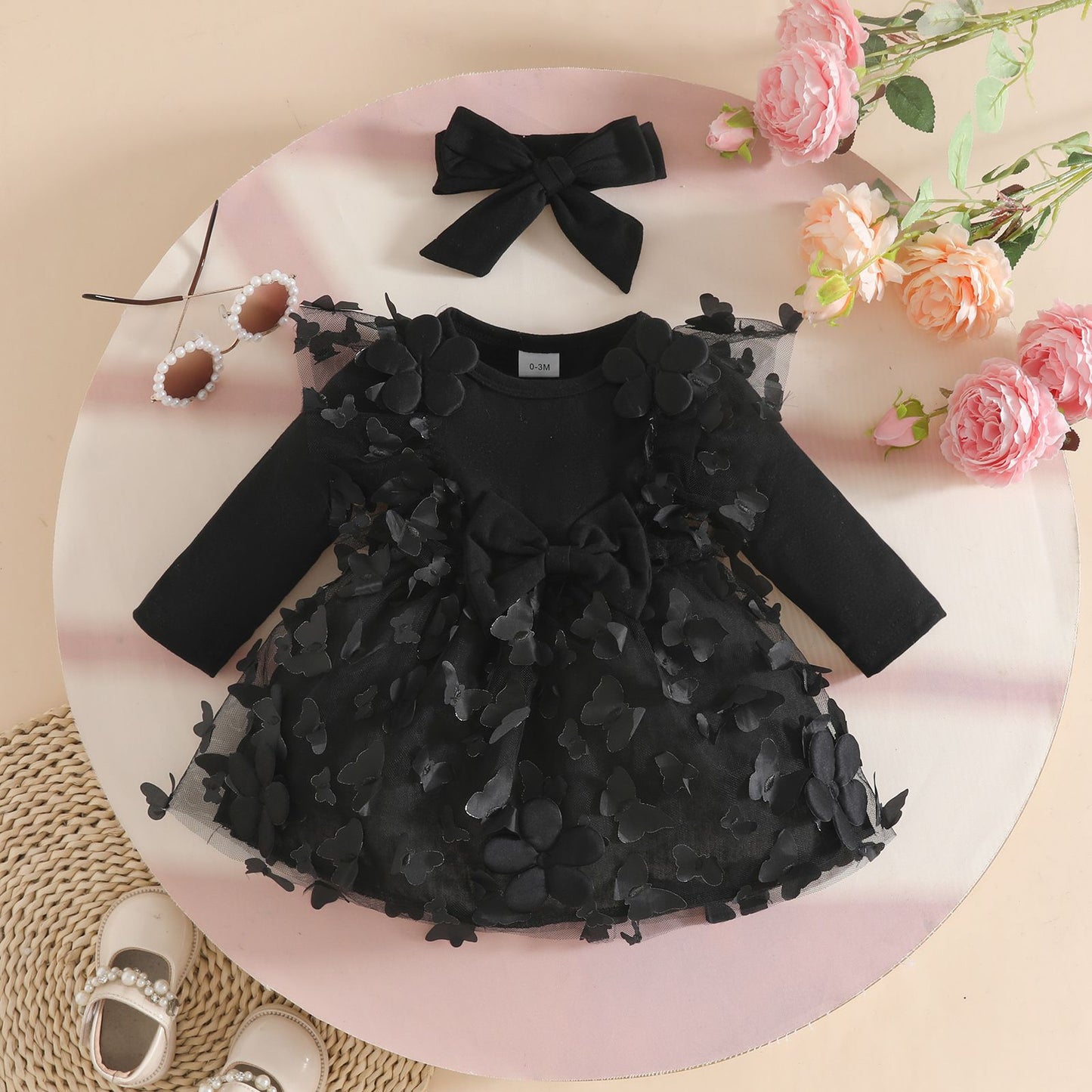 Knitted Fabric Butterfly Mesh Stitching Solid Color Long Sleeve Children's Dress