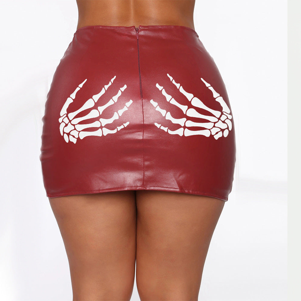 Women's Printed Female Leather Zipper Sexy Hip Skirts