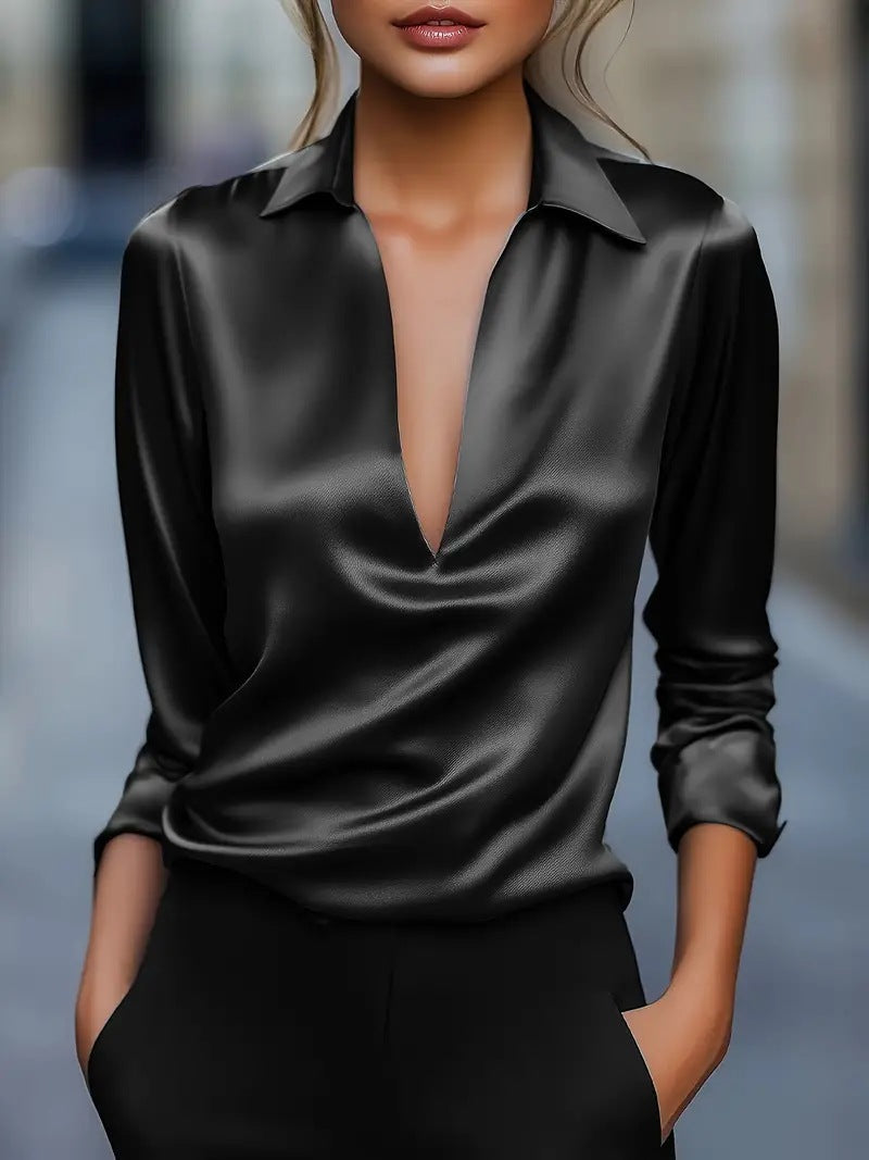 Women's Autumn Temperament Pure Color Simple Shirt Long Sleeve Blouse