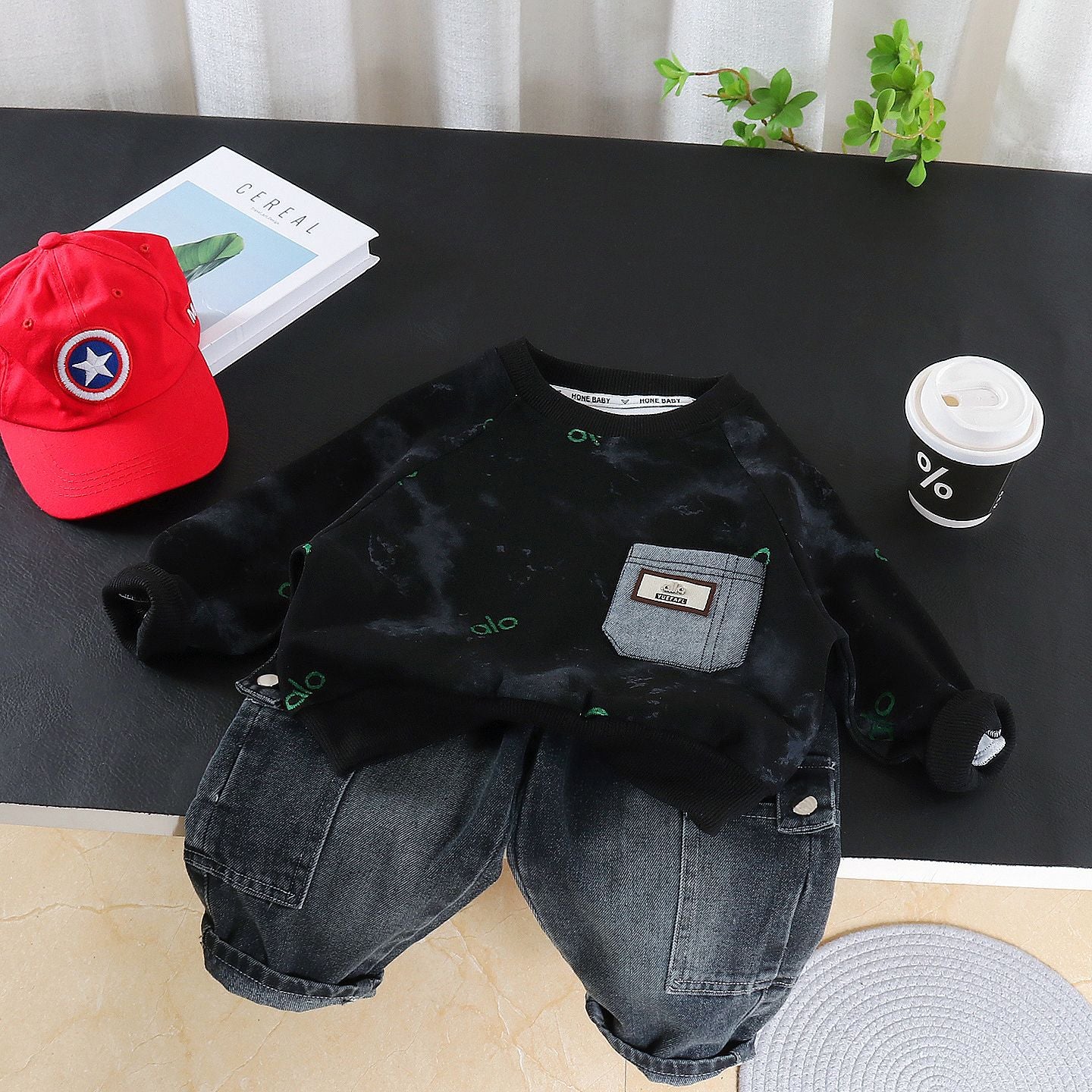 Spring Round Neck Letter Sweater Two-piece Set Handsome Clothes Casual Children's Suit