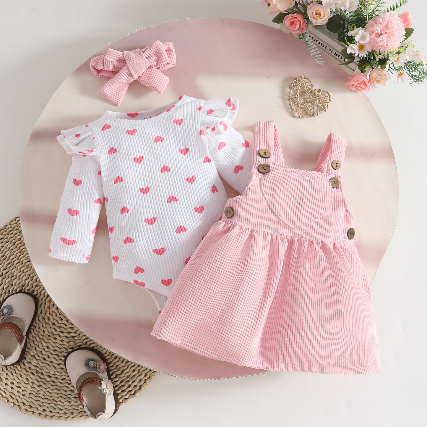 Set Long Sleeve Love Triangle Rompers Corduroy Suspender Skirt Children's Suit