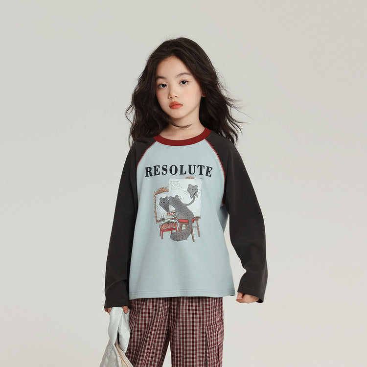 Children's Pudding Long-sleeved Cartoon Printed Raglan Sleeve Children's T-shirt