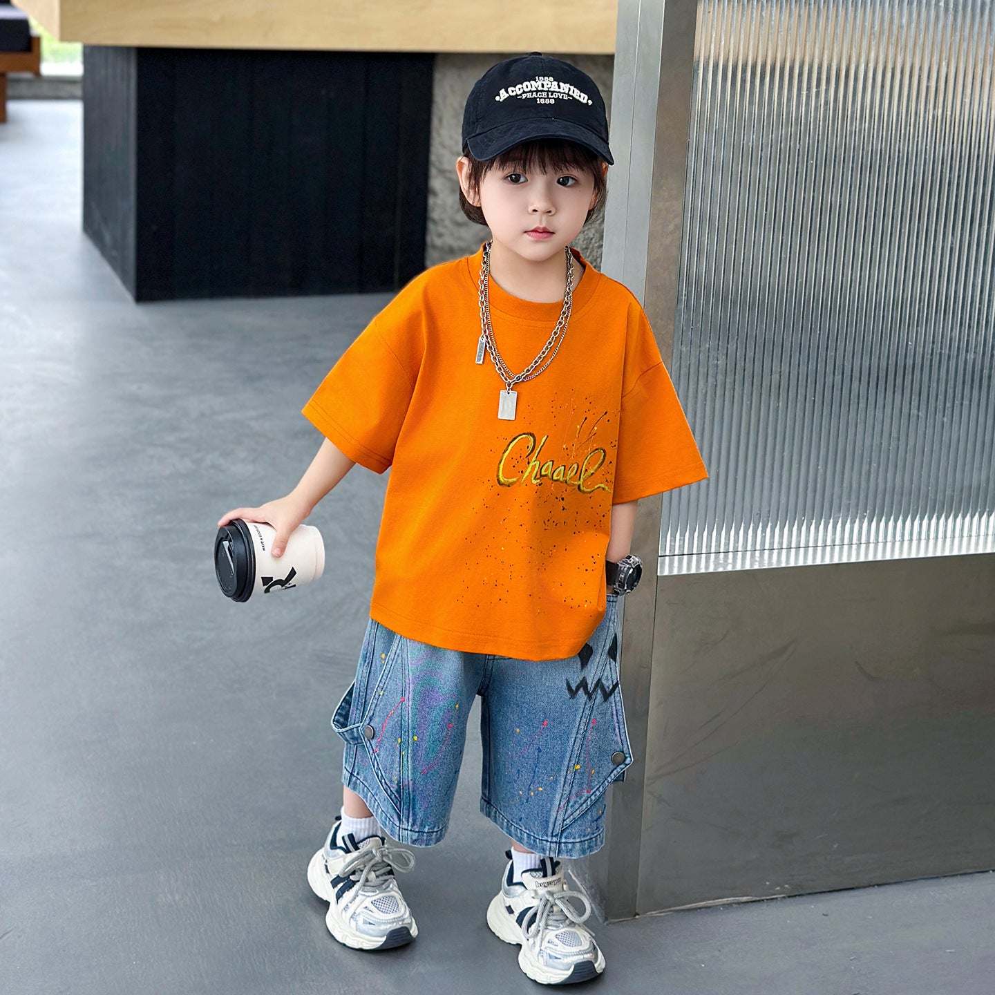 Children's Summer Short-sleeved Korean Denim Shorts Two-piece Fashionable Children's Suit