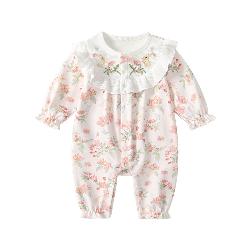 Autumn Floral Infant Rompers Embroidered Bunny Going Jumpsuit, Climbing Suit
