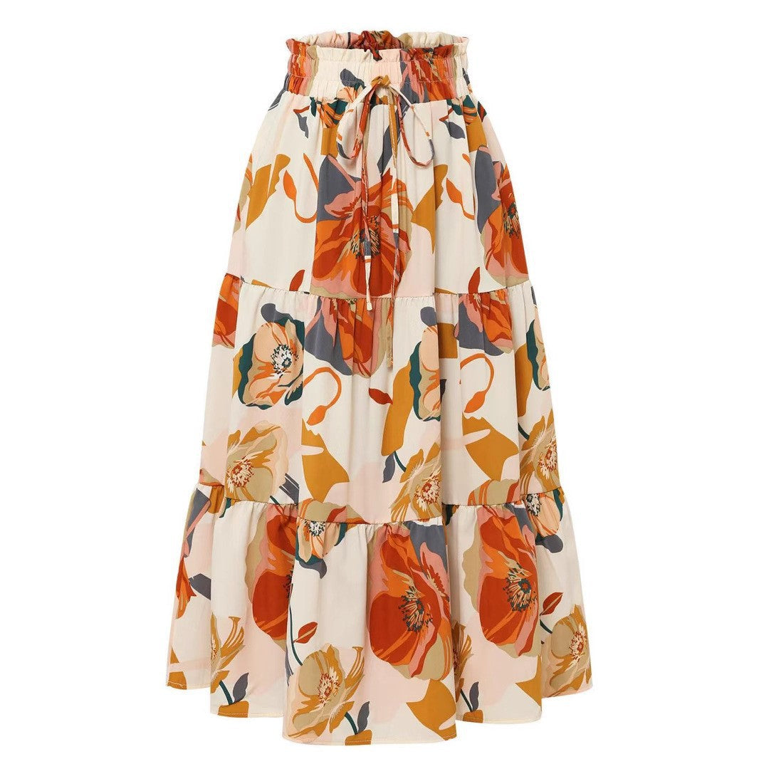 Elastic Waist Printing Long Swing Umbrella Skirts