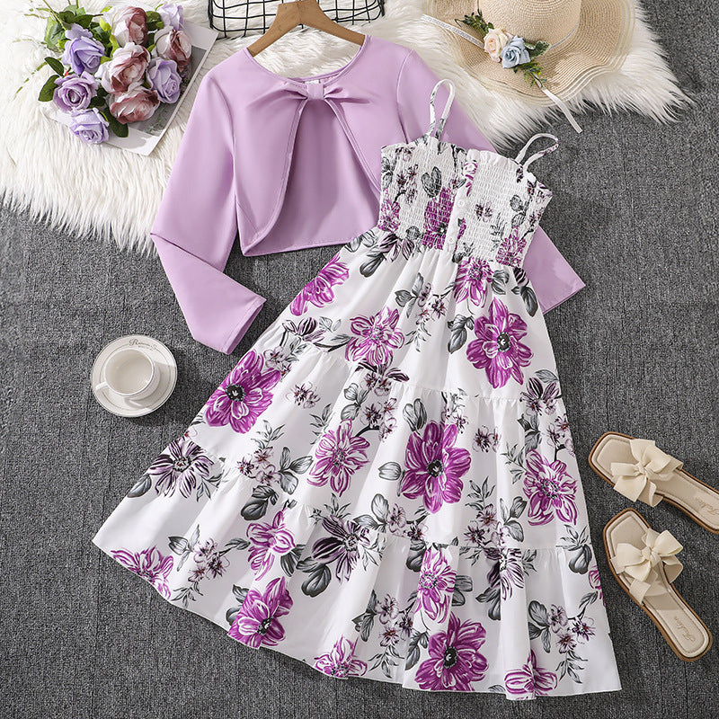 Children's Older Clothing Spring Sweet Floral Suspender Children's Suit