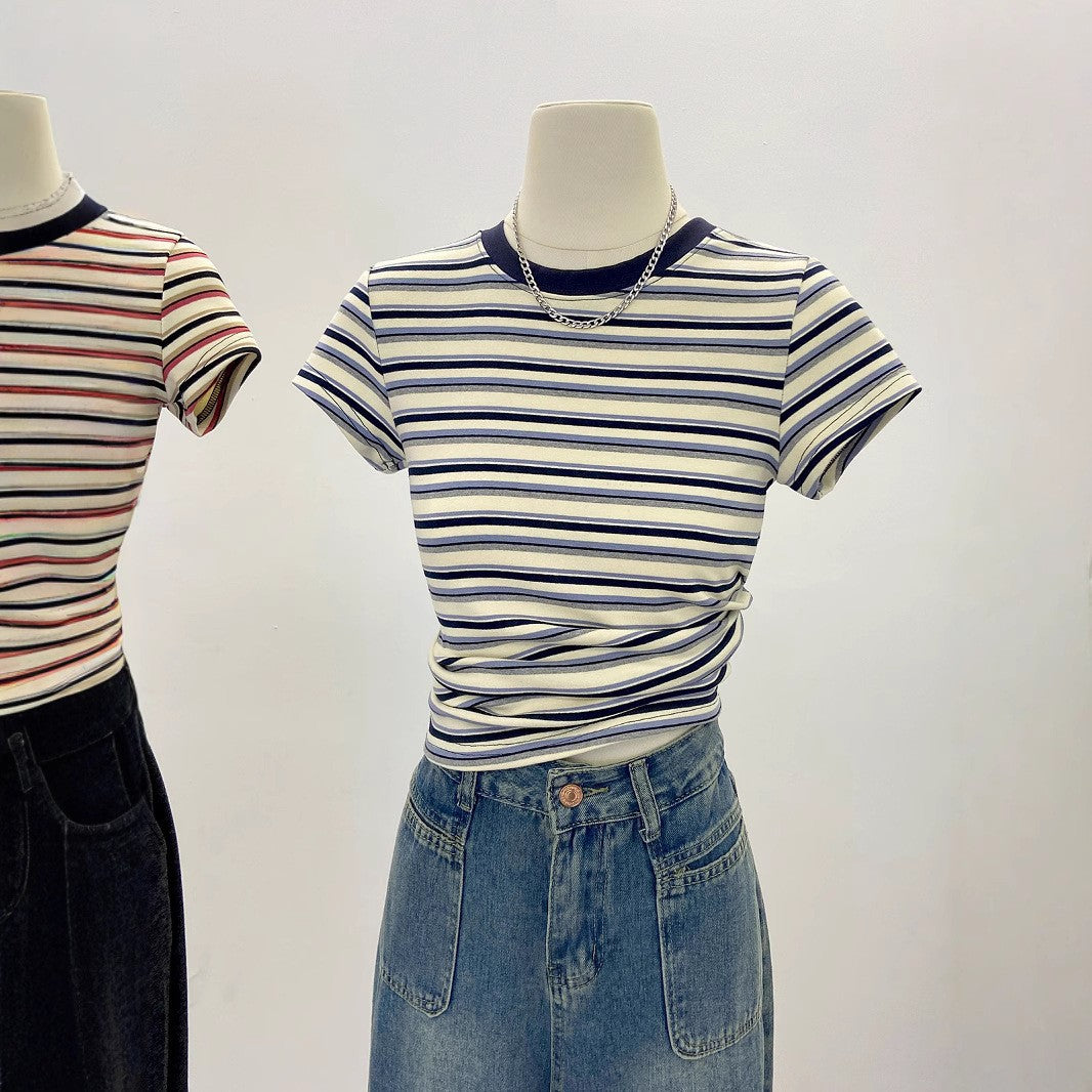 Women's Color Striped Spring Long-sleeved Bottoming Shirt Retro Warm Slim Fit Tops