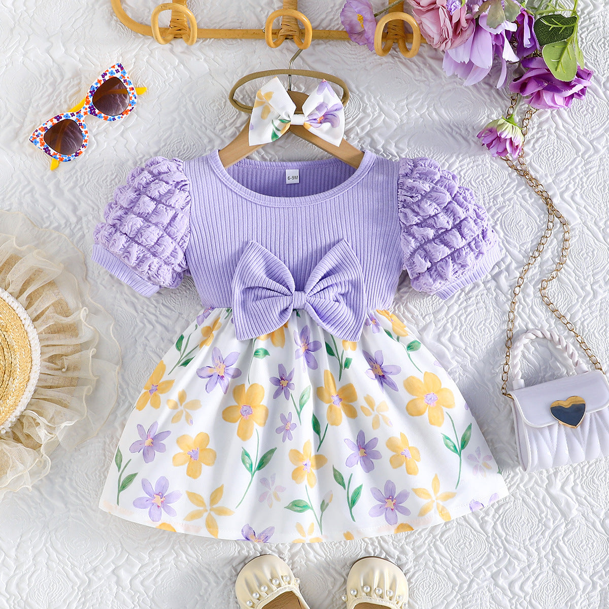 Puff Sleeve Sunken Stripe Top Floral Children's Dress