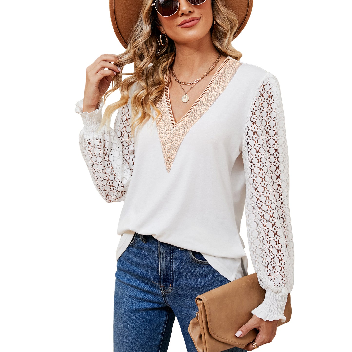 Attractive Women's Lace Patchwork Loose Long-sleeved Women's T-shirt