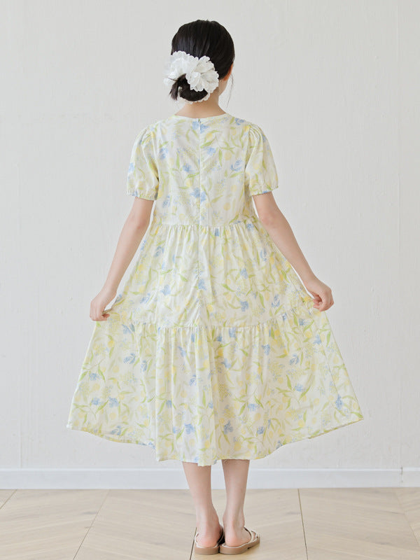 Floral Skirt Summer Bubble Sleeve Mid-length Printed Children's Dress