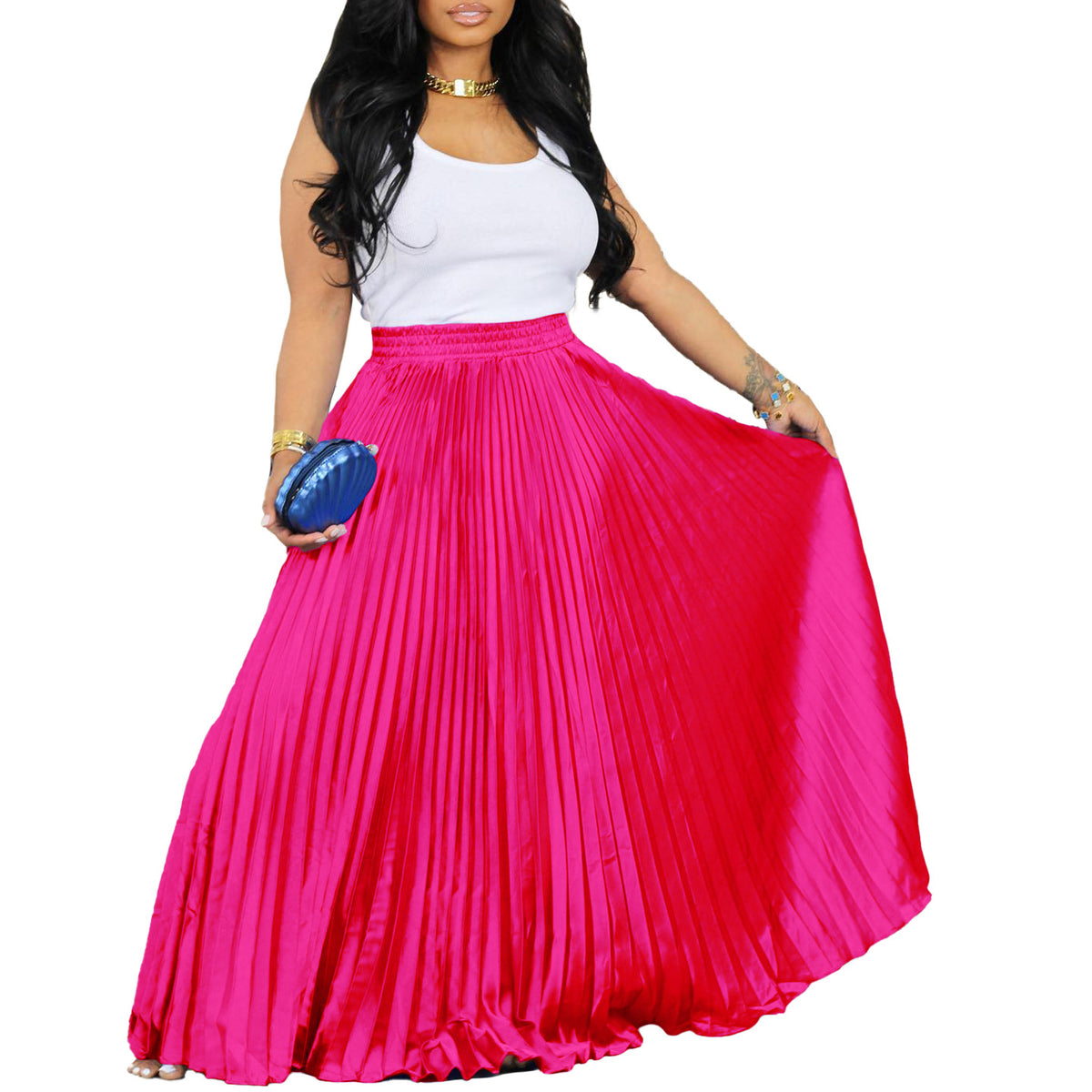 Women's Waist Pleated Wide Hem Long Dress Skirt
