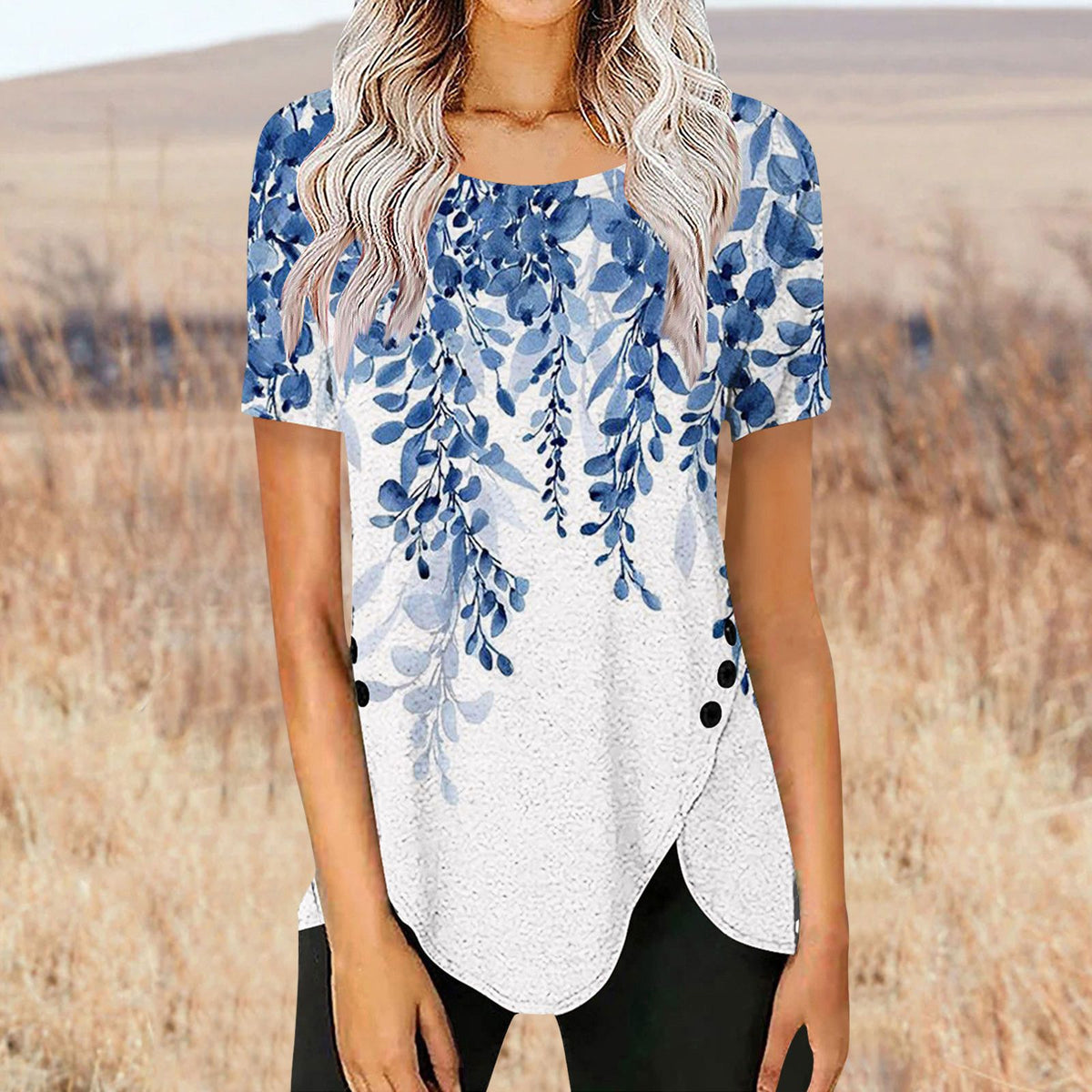 Women's Retro Button Gradient Printing Round Neck Shorts