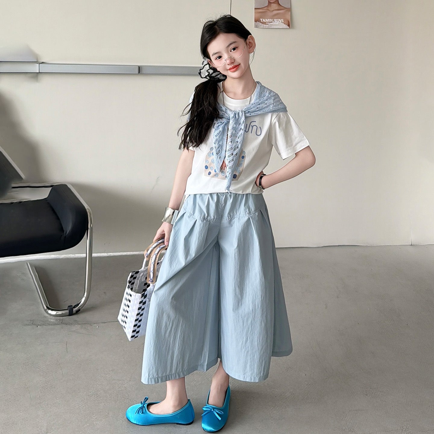 Fishnet Shawl Summer Middle Big Cartoon Printed Children's Suit