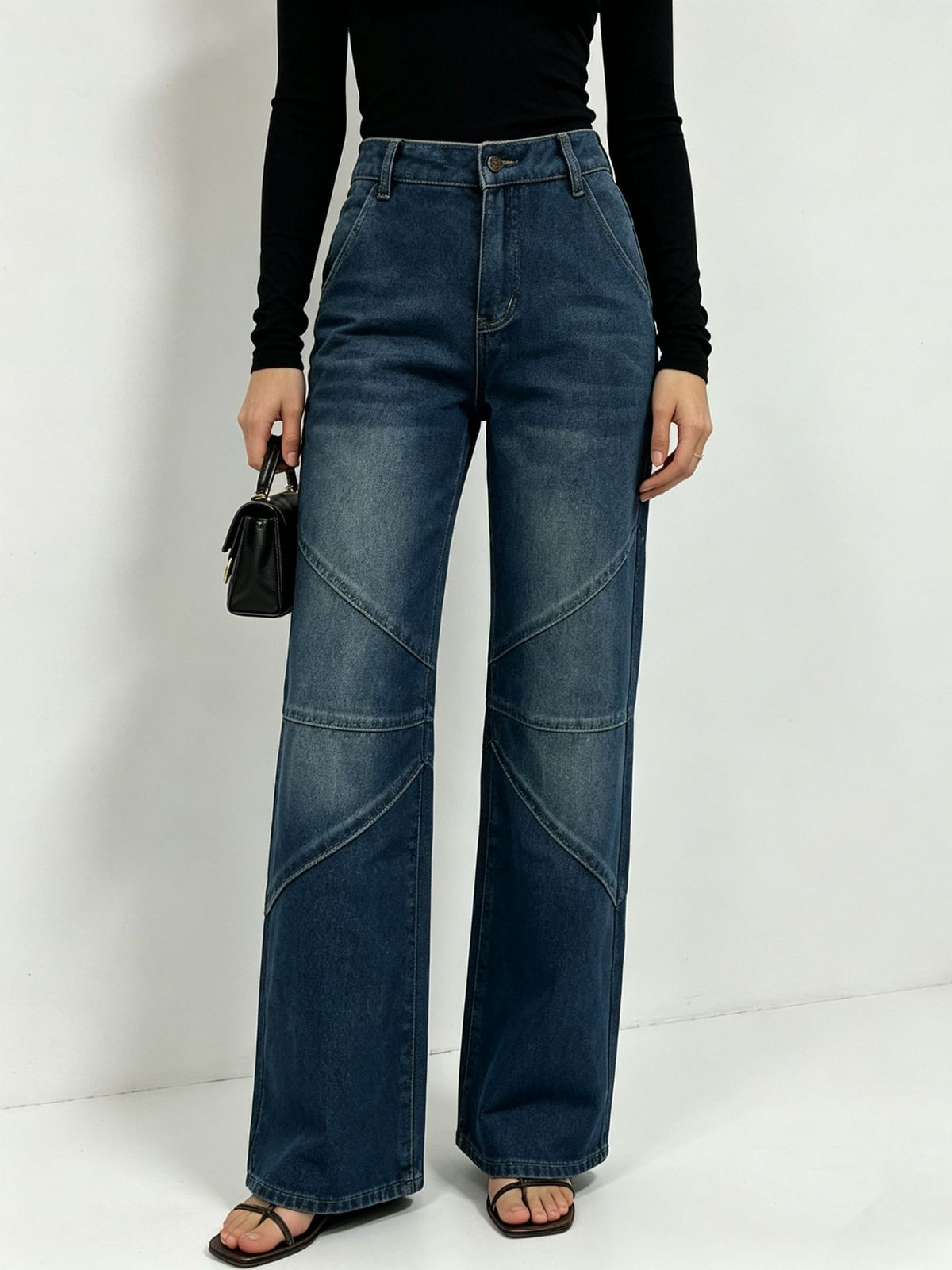 Women's Fashionable Pleated Washed High Street Straight Women's Jeans