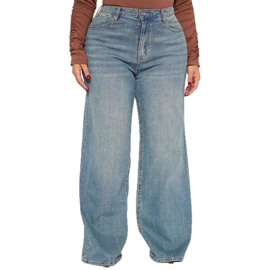 Women's Spring Retro Wide Leg Embroidered Elastic Straight Casual Jeans