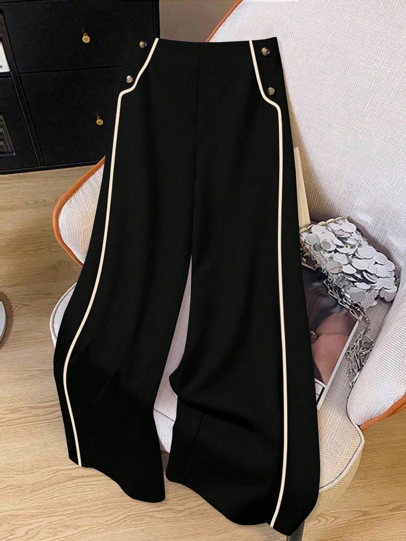 Fashion Side Striped Design High Waist Slimming Button Pants