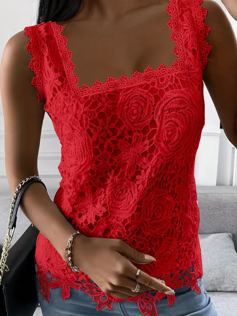 Trendy Summer Square Collar Sleeveless T-shirt Lace Shirt, Chiffon Shirt