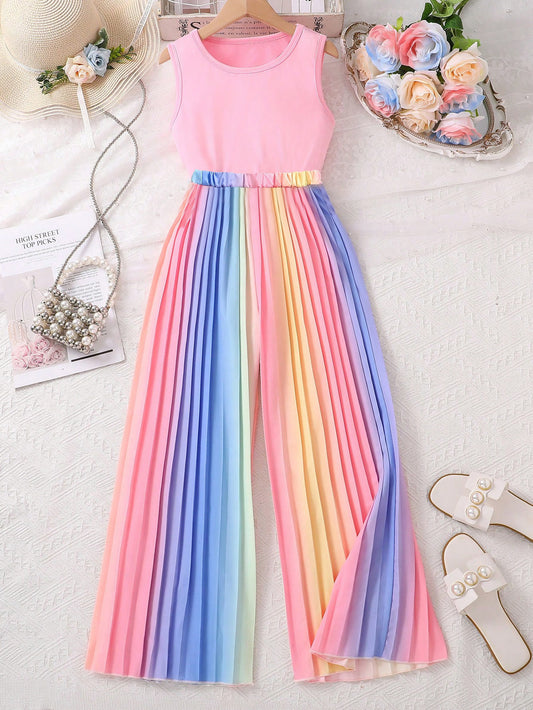 Summer Short Sleeveless Vest Color Gradient Pleated Trousers Teens Children's Suit