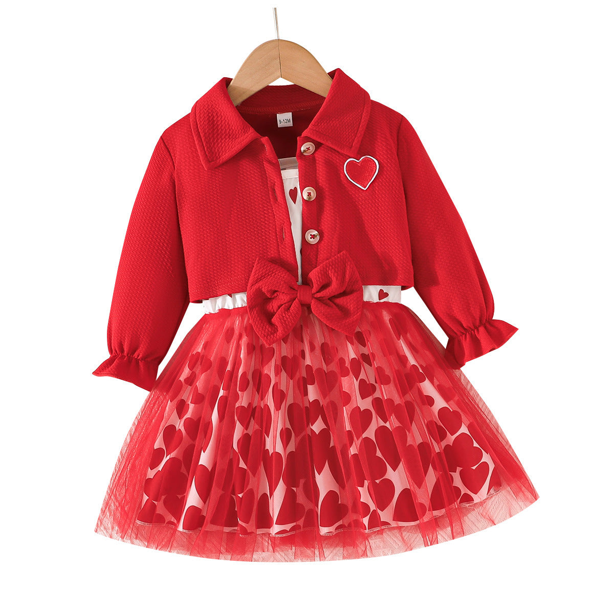Set Long Sleeve Coat Animal Pattern Printed Bow Tulle Children's Dress
