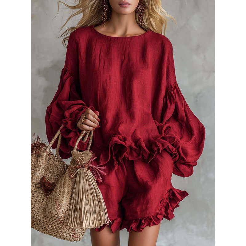 Women's Loose Bishop Sleeves Ruffled Two-piece Set Shorts