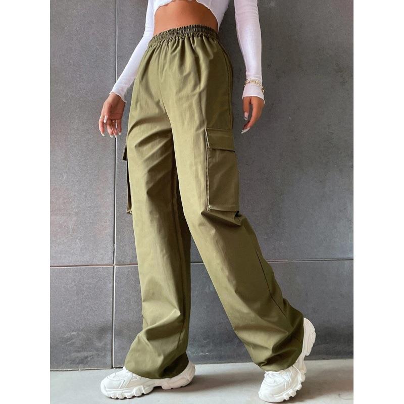 Women's Solid Color High Waist Flip Pocket Casual Pants