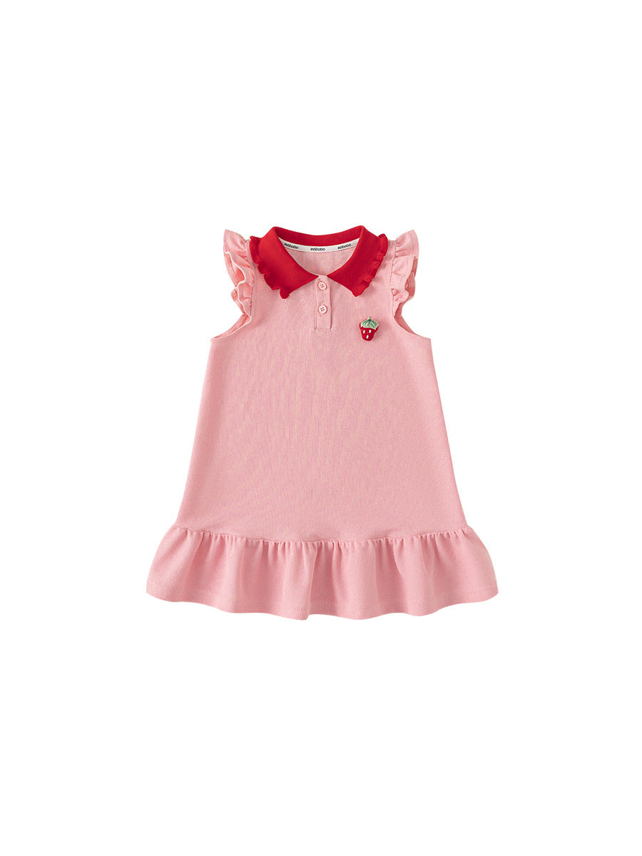 Summer Contrast Color Lapels Vest Strawberry Lace Sleeve Children's Dress