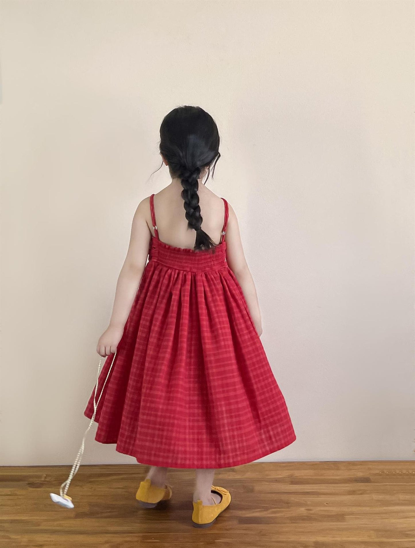 Vacation Style Red Plaid Sling Adjustable Large Skirt Vest Sleeveless Children's Dress