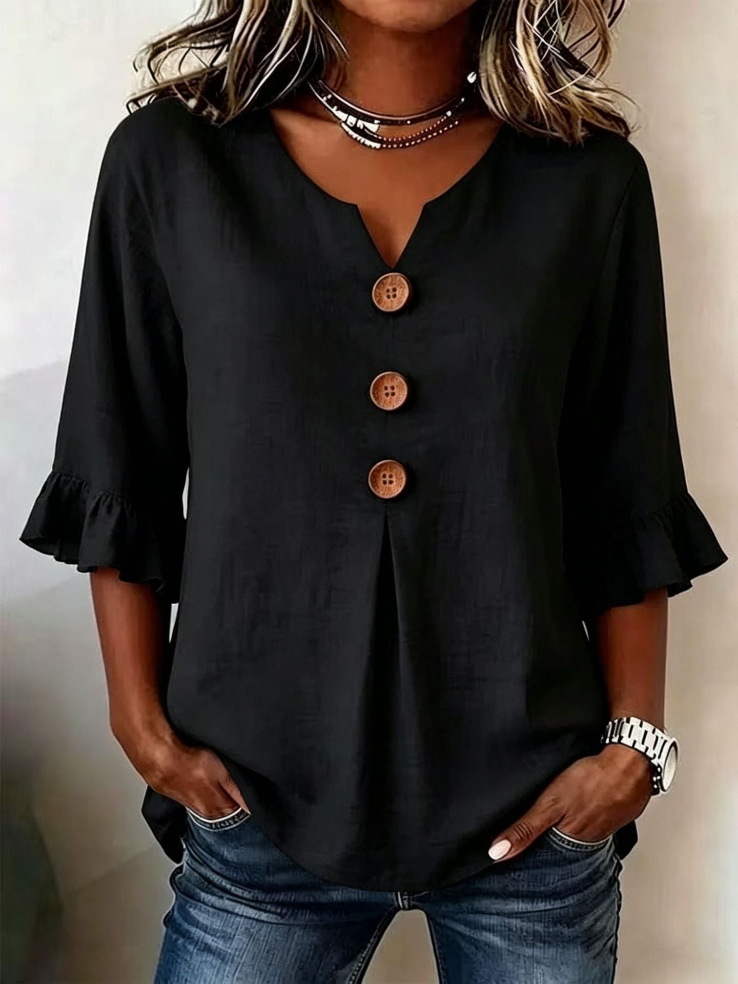 Women's Summer Buttons Ruffled Half Sleeves Loose Blouses