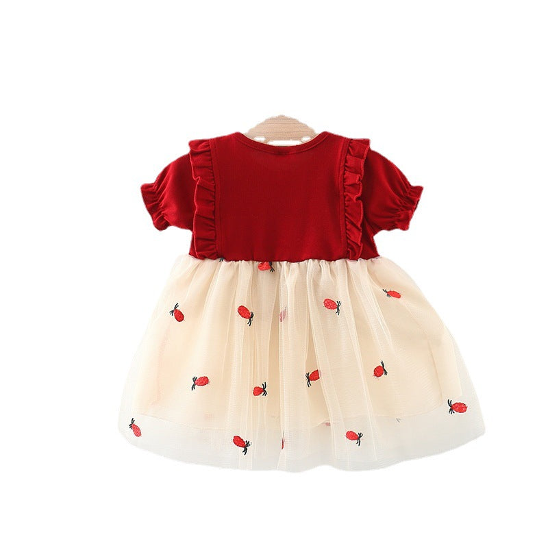 Pineapple Mesh Stitching Korean Style Bow Short Sleeve Lace Children's Dress