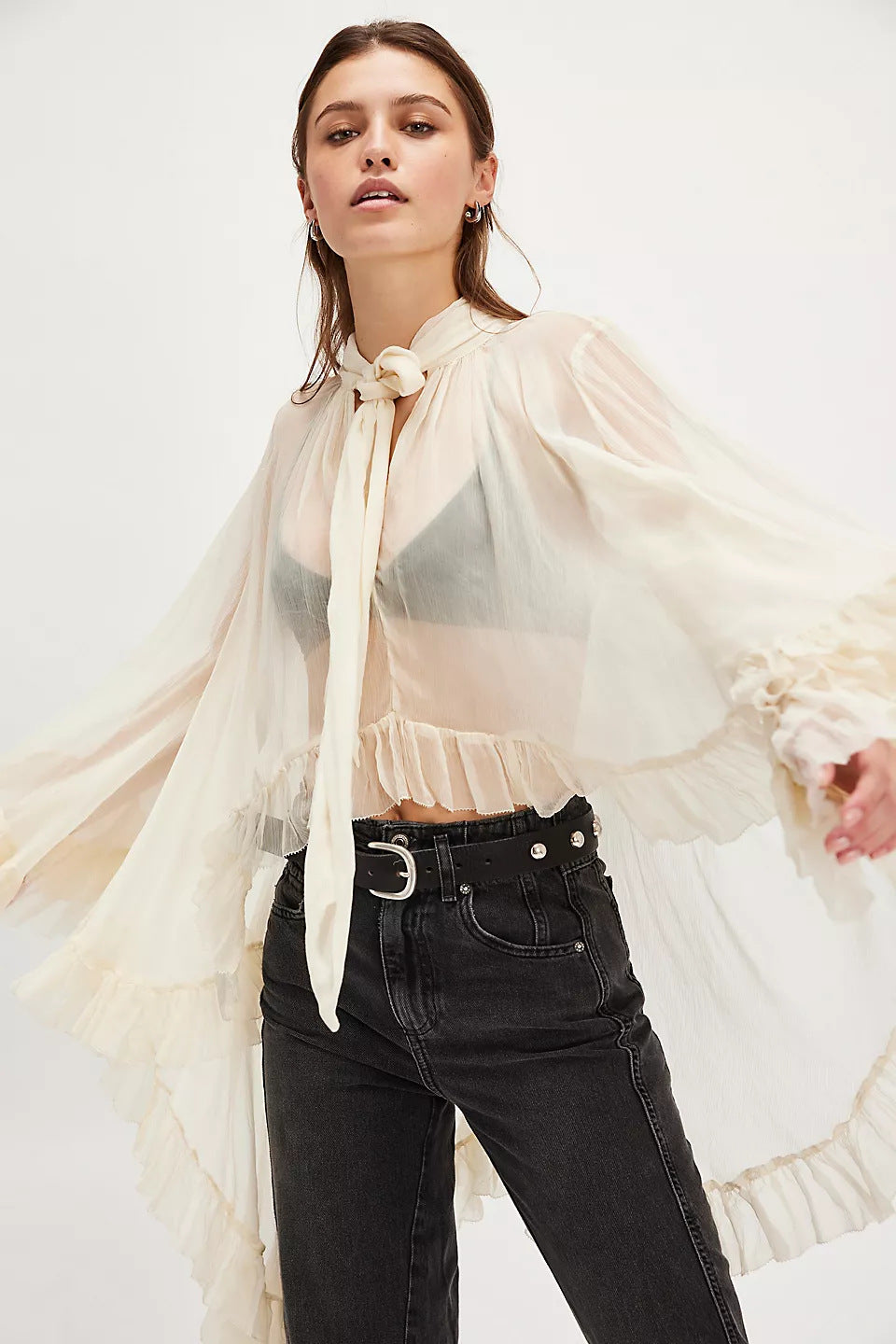 Oversized Swing Bow Tie Belt Printed Lantern Sleeve Personalized Lace Shirt, Chiffon Shirt