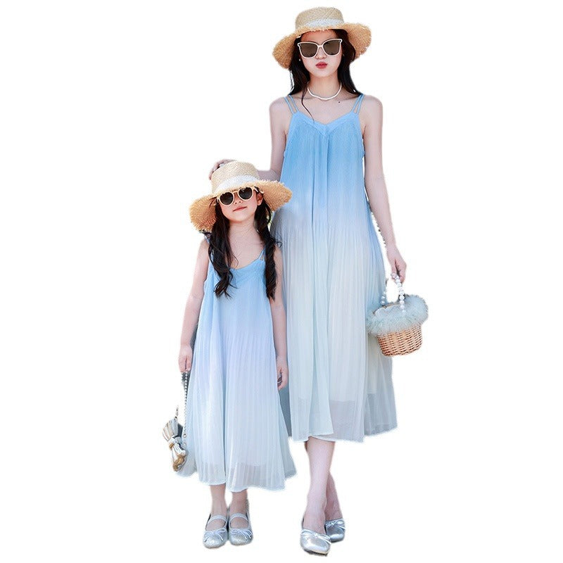 Style Travel Vacation Spaghetti Straps Dress Parent-child Outfit