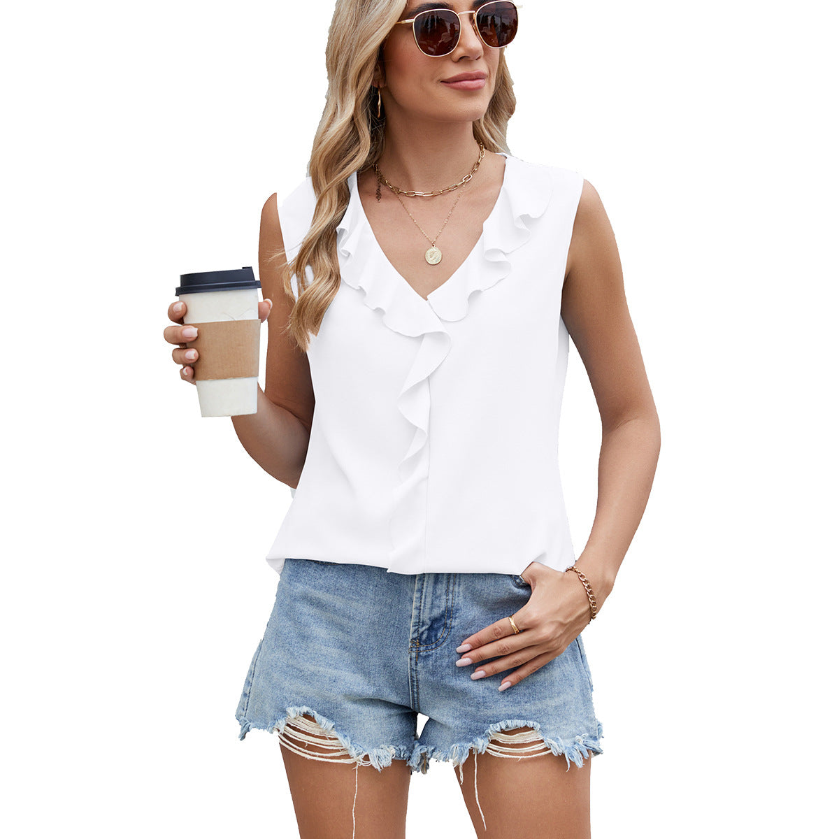 Versatile Charming Women's Sleeveless Ruffled Loose-fitting Lace Shirt, Chiffon Shirt