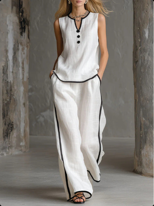 Color Trim Sleeveless Wide Leg Two-piece Pants