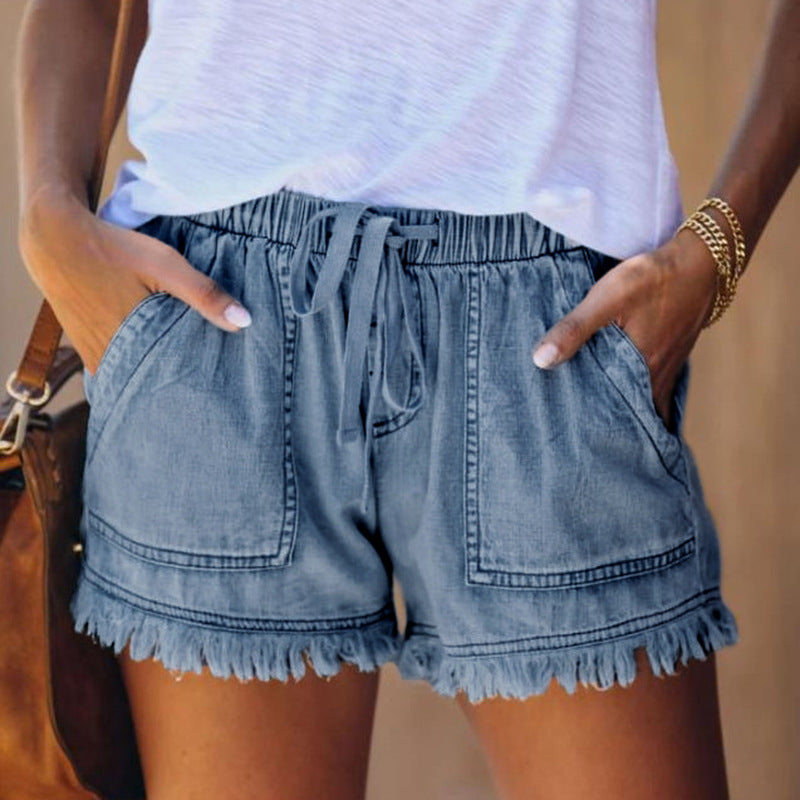 Women's Summer Elastic Waist Drawstring Casual High Slimming Denim Women's Jeans