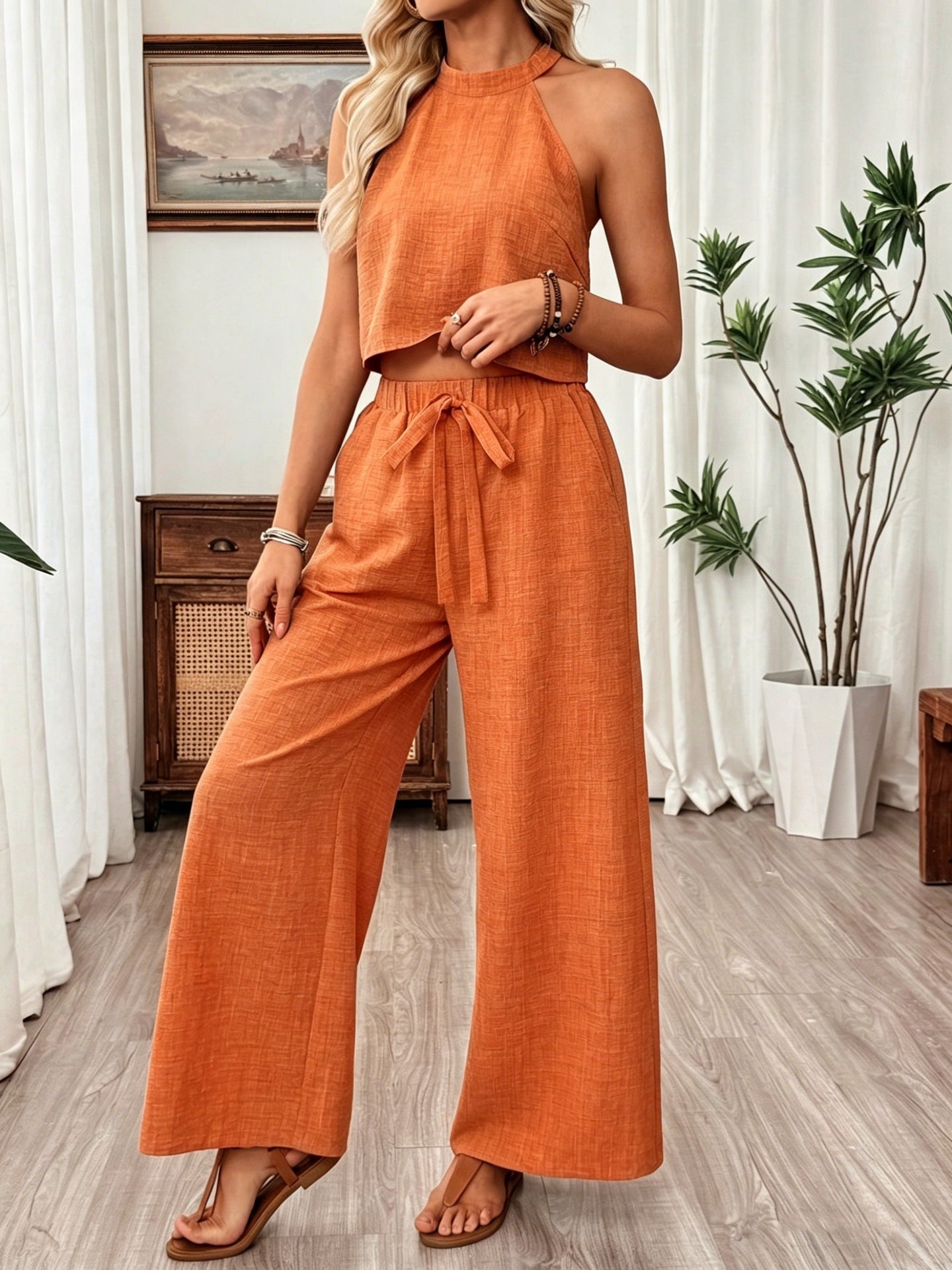 Women's Halter Sleeveless Wide Leg For Two-piece Fashion Casual Suit