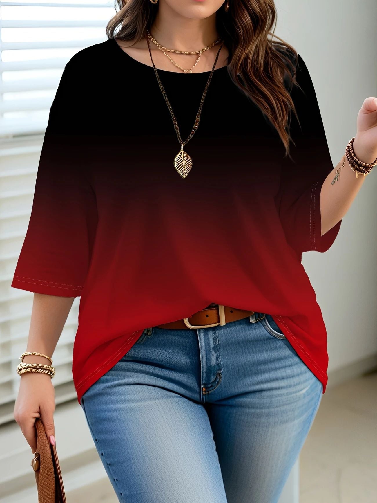 Women's Printed Fashion Gradient Color Sleeve Casual Round Tops
