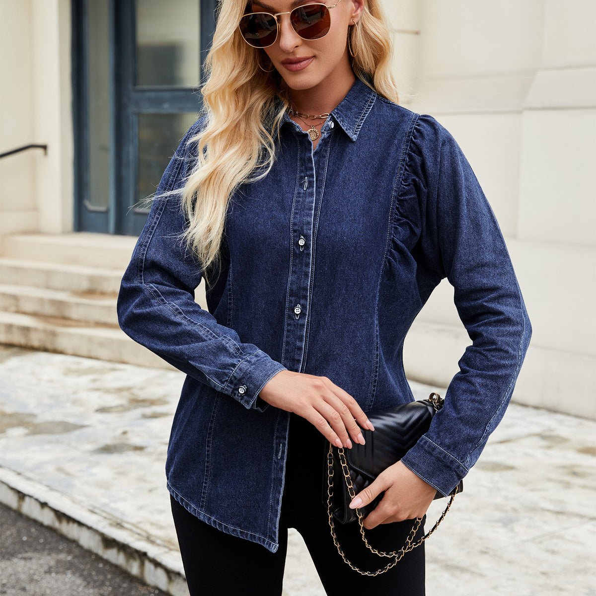 Women's Washed Shrug Denim Long Sleeve Shirt Tops